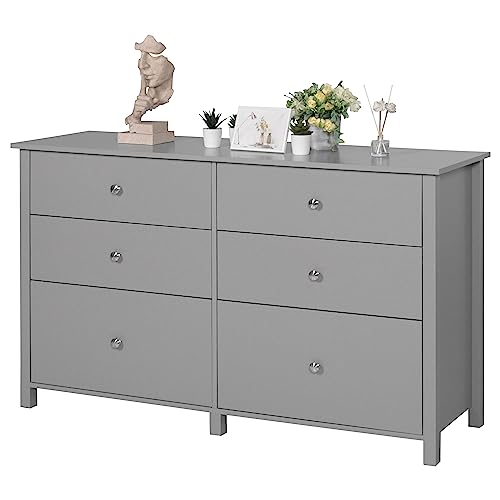 VEIKOU Dresser for Bedroom with 6 Drawers, 56" Wide Long Chest of Drawers for Closet, Modern 6 Drawer Double Dresser, Bedroom Dresser with Legs for Living Room, Hallway, Nursery, Gray