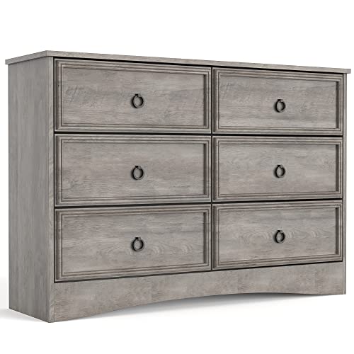 LGHM Modern 6 Drawer Dresser, Dressers for Bedroom, Chest of Drawers Closet Organizers and Storage Clothes - Easy Pulls Handle, Textured Borders Living Room, Hallway, Gray Wash