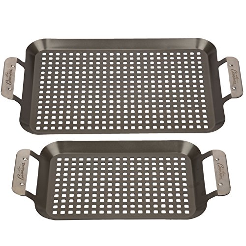 BBQ Grill Topper Grilling Pans (Set of 2) - Non-Stick Barbecue Trays w Stainless Steel Handles - Indoor Outdoor use for Meat, Vegetables & Seafood - Father's Day Gift for Dad & Summer Cookouts