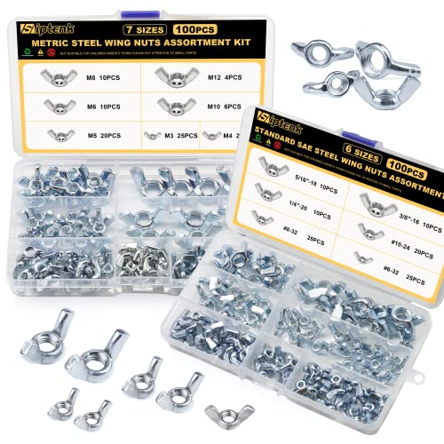 Siptenk Wing Nuts 200PCS, Metric & SAE Wingnuts 13 Assorted Sizes Carbon Steel Zinc Plated Butterfly Wing Nut M4-M12 6-32 to 3/8"-16 Fasteners Hardware Assortment Kit