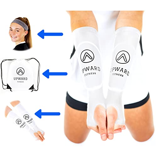 Upward Fitness-Volleyball Padded Passing Sleeves, Arm and Wrist Protection With Thumbhole, Carrying Bag and Headband Included, for Girls and Boys (M/L White)