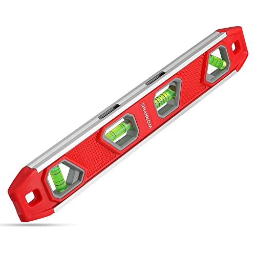 WORKPRO 12 Inch Torpedo Level, Magnetic Small Leveler Tool, Plumbing Level with Pitch Vial, Aluminum Reinforced, 4 Bubbles, V-Groove for Conduit Bending
