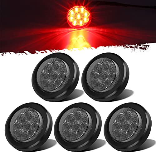 Partsam 5Pcs 2 Inch Round Led Marker Lights 9 Red Diodes Smoked w Reflectors Truck Trailer Rv Flush Mount Waterproof 12V 2 Round Red Led Marker Lights Kits with Grommets and Pigtails