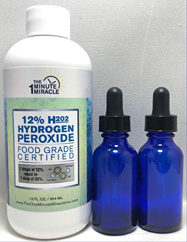 12% Hydrogen Peroxide Food Grade - Diluted from 35% H2o2 with Distilled Water to 12% - 12 oz Bottle 2 Droppers - Recommended by: The One Minute Cure Book