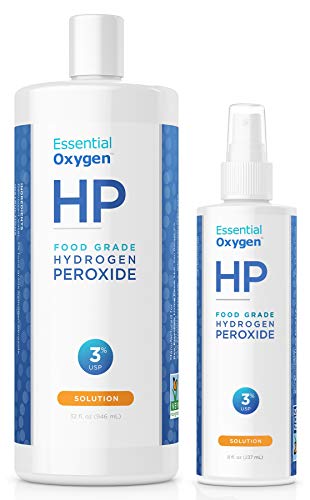 Essential Oxygen, Food Grade Hydrogen Peroxide, 8 + 32 fl oz, Natural Cleaner, 3%, 1 - 8 fl oz spray and 1 - 32 fl oz bottle, Refill, HP (Pack of 2)