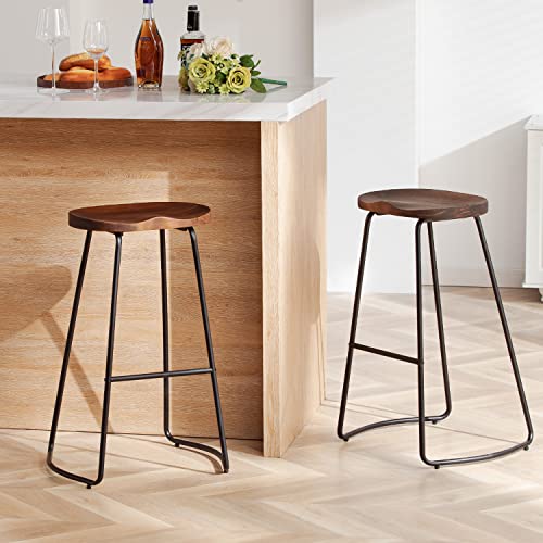 HeuGah Bar Stools, Solid Wood Barstools Set of 2, 30" Bar Height Bar Stools with Metal Leg, Rustic Backless Bar Stools for Kitchen Island, Bar Chairs with Solid Wood Saddle Seat (Walnut, 30 Inch)