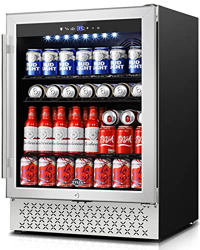 Tylza Beverage Refrigerator 24 Inch, 190 Can Built-in/Freestanding Beverage Cooler Fridge with Glass Door and Advanced Cooling Compressor for Beer and Soda or Wine, Low Noise, 37-64 F