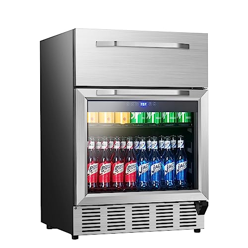 Karcassin 24 Inch Under Counter Drawer Fridge, Indoor Stainless Steel 2 in 1 Beverage Refrigerator Built-in and Freestanding with Digital Display for Home and Commercial Use
