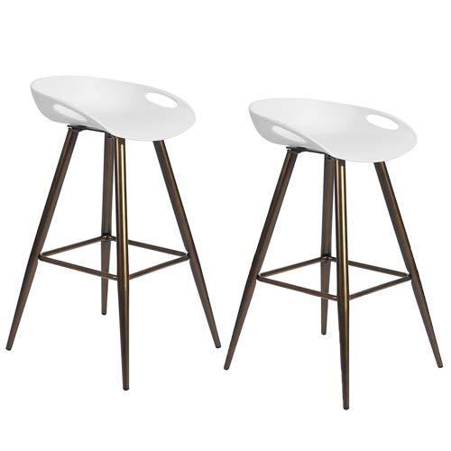 Set of 2 Bar Stools, 32.3" Simple Modern Style High Counter Stool with Low Backrest & Footrest & Metal Legs & PP Seat, Portable Barstools for Kitchen Island Patio Balcony, White & Bronze