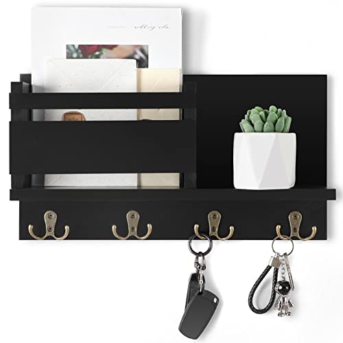 Key and Mail Holder for Wall Decorative - Rustic Mail Organizer Wall Mount, Wooden Letter Sorter Organizer with 4 Key Rack Hooks for Hallway Kitchen Farmhouse Decor (16.5 x 9.1 x 3.4) (Black)