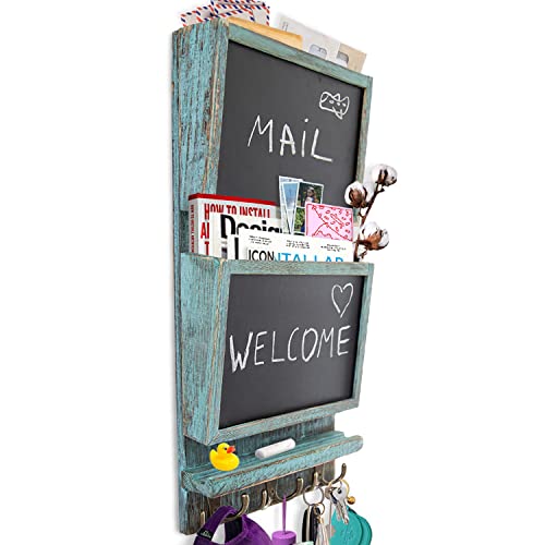 Rustic 2-Slot Mail Sorter Organizer for Wall with Chalkboard Surface & 3 Double Key Hooks - Wooden Wall Mount Mail Holder Organizer  Wall Dcor for Entryway Made of Paulownia Wood - Rustic Blue