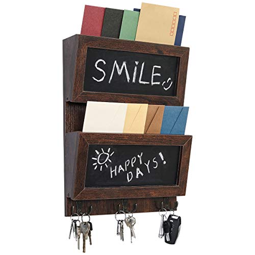 PAG 2-Slot Wall Mount Mail Organizer Hanging Wood Letter Sorter Paper Holder Rack with Chalkboard and 3 Double Key Hooks for Office, Brown