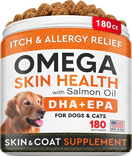 Fish Oil Omega 3 Treats for Dogs - Allergy and Itch Relief - Skin and Coat Supplement - Joint Health - Wild Alaskan Salmon Oil - Shedding, Itchy Skin Relief - Omega 3 6 9 - EPA & DHA - 180 treats