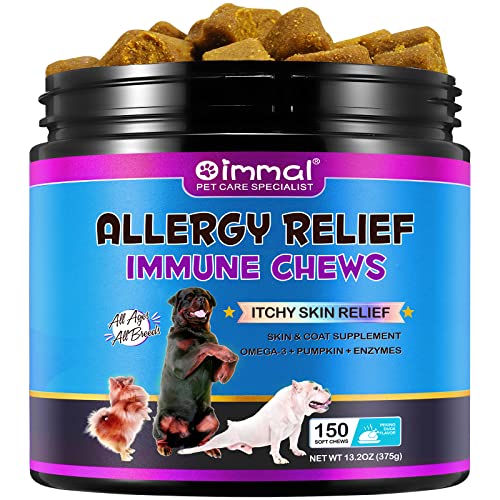 Dog Allergy Relief Chews, Itch Relief for Dogs, Allergy Relief Dog Treats w/Omega 3 + Pumpkin + Enzymes, Anti Itch Support & Hot Spots, Skin & Coat Immune Health Supplement for Dogs