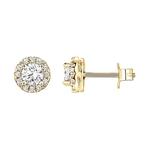 PAVOI 14K Gold Plated Sterling Silver Post Round Halo Cubic Zirconia Stud Earrings in Yellow Gold