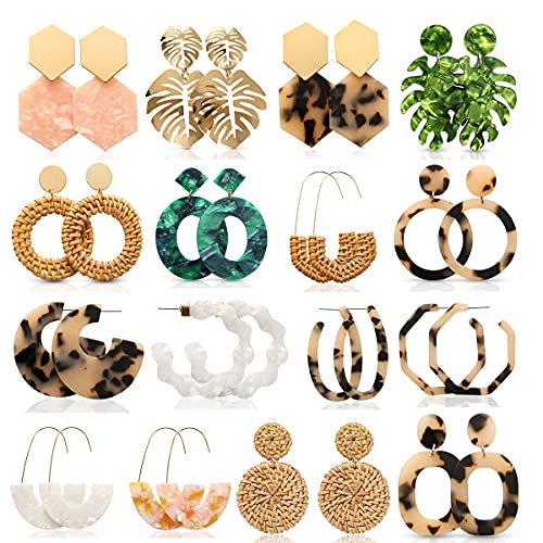LANTAI 16 Pairs Trendy Acrylic Nickel Earrings Rattan Earrings for Women-Fashion Summer Beach Statement Earrings Resin Dangle Drop Earrings Vacation Gift Jewelry