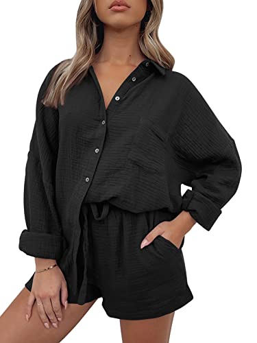 AUTOMET 2 Piece Outfits For Womens Fashion Lounge Sets Pajama Sets Two Piece Button Down Oversized Shirts And Shorts Fall Spring Outfits 2023