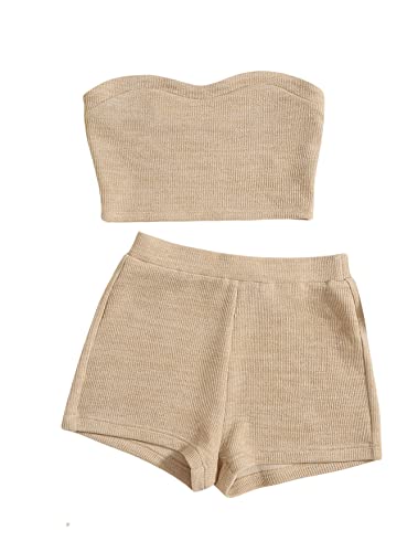 Verdusa Women's 2 Piece Outfit Ribbed Crop Bandeau Tube Top and Biker Track Shorts Sets Khaki M