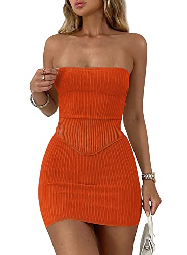 Mirteron Womens Summer Casual 2023 Knit Strapless Bustier Tops Bodycon Mini Skirts Sets Two Pieces Sweater Outfits Going Out Orange M