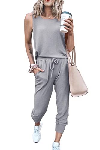 PRETTYGARDEN Women's Two Piece Outfit Sleeveless Crewneck Tops with Sweatpants Active Tracksuit Lounge Wear (Light Grey,Medium)