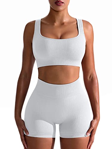 OQQ Women's Workout 2 Piece Seamless Ribbed High Waist Legging Sports Exercise Set Bra Outfit, White, Medium