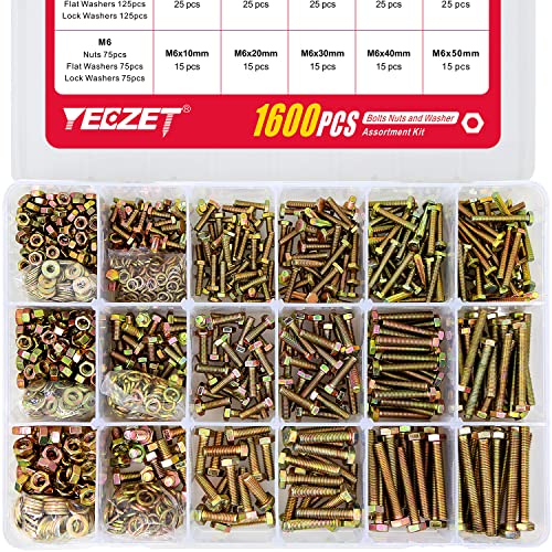 YEEZET 1600PCS M4 M5 M6 Grade 8.8 Heavy Duty Bolts and Nuts Flat & Lock Washers Assortment Kit Includes 15 Most Common Sizes