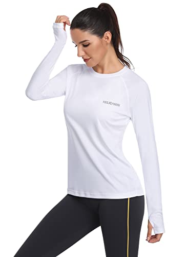 HISKYWIN Women's UPF 50+ Sun Protection Long Sleeve Shirts Outdoor Hiking Fishing Tops HF103- White-M