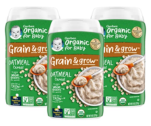 Gerber Organic for Baby 1st Foods Grain & Grow Cereal, Oatmeal Cereal, Made with Whole Grains & Iron, USDA Organic & Non-GMO (8 Ounce (Pack of 3))