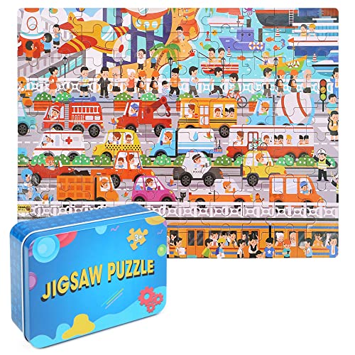 LELEMON Puzzles for Kids Ages 4-8,Communications 100 Piece Puzzles for Kids,Educational Kids Puzzles Ages 6-8 Jigsaw Puzzles in a Metal Box,Cool Puzzles Toys Puzzle Games for Girls and Boys