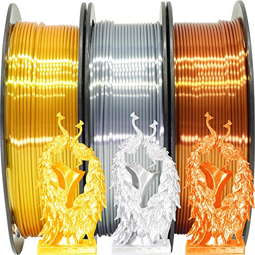 Shiny Silk Gold Silver Copper PLA Filament Bundle, 1.75mm 3D Printer Filament, Each Spool 0.5kg, 3 Spools Pack, with One 3D Printer Remove or Stick Tool MIKA3D