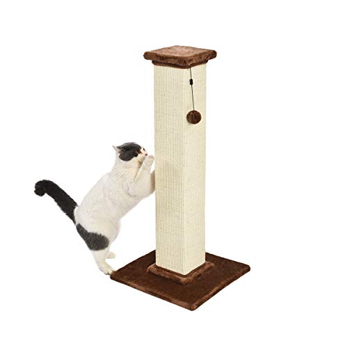 Amazon Basics Tall Cat Scratching Post with Jute Fiber and Brown Carpet, Large, 15.75 L x 15.75 W x 35.43 H