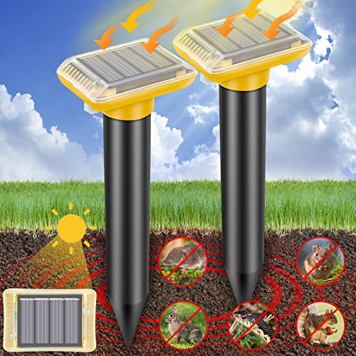 Gopher Repellent Ultrasonic Solar Powered,Ultrasonic Mole Repellent Outdoor,2023 New Outdoor Mole Repellent for Lawns,Effectively Repels Garden and Yard Voles,Moles,Snakes,Gophers,Rats(Yellow-2 Pack)