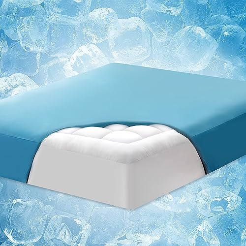 ELEMUSE Cooling Blue King Dual Layer Mattress Pad Cover, Cool-to-Touch Fitted Sheet Plus Soft Mattress Topper for Hot Sleepers, Supportive Pillowtop Mattress Protector with Fluffy Filling