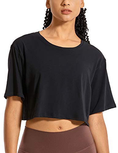 CRZ YOGA Women's Pima Cotton Workout Crop Tops Short Sleeve Yoga Shirts Casual Athletic Running T-Shirts Black Small