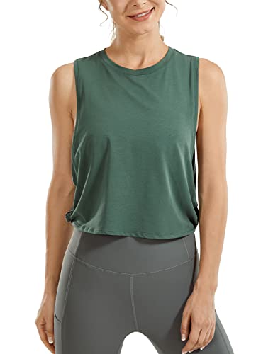 CRZ YOGA Pima Cotton Cropped Tank Tops for Women - Sleeveless Sports Shirts Athletic Yoga Running Gym Workout Crop Tops Deep Armhole-Graphite Green Medium