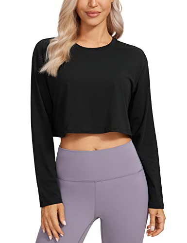 CRZ YOGA Pima Cotton Long Sleeve Shirts for Women Workout Crop Tops Loose Cropped T-Shirts Athletic Gym Shirts Black Medium