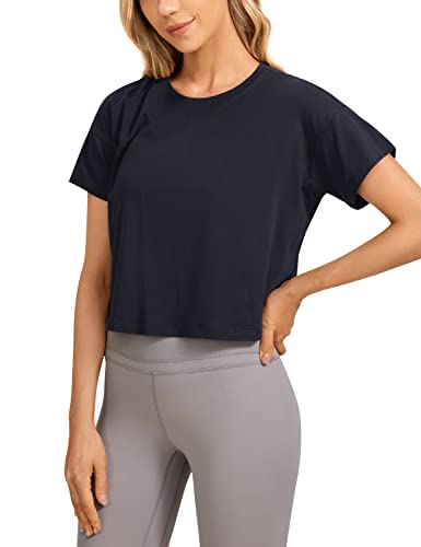 CRZ YOGA Women's Pima Cotton Workout Short Sleeve Shirts Loose Crop Tops Athletic Gym Shirt Casual Cropped T-Shirt Navy Small