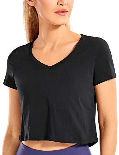 CRZ YOGA Women's Workout Crop Tops Pima Cotton Short Sleeve V-Neck Shirts Casual Basic Cropped Tee Tops Black Large