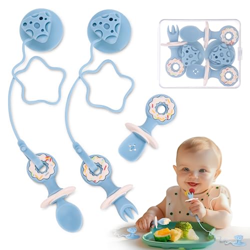 3 Pack Baby Utensils, Baby Led Weaning Spoons, Suction Silicone Baby Spoon and Fork, Baby Self-Feeding Utensils Anti-Dropping Baby Training Spoons for 6 Months with Travel Case, Blue