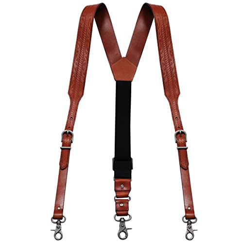 Leather Suspenders for Men Heavy Duty Western Y Back Design Leather Gallus With Hooks, Brown