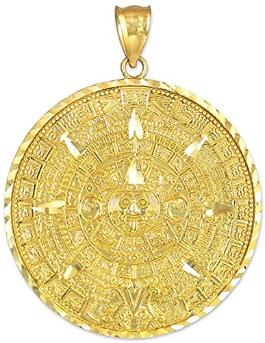 14K Yellow Gold Round Aztec Mayan Calendar Charm Pendant - 25.4 Millimeters
