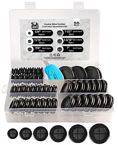 55Pcs Rubber Grommets for Wiring - Double-Sided & Waterproof Rubber Grommet Kit in 6 Assorted Sizes 5/8",13/16",7/8",1",1-3/16",1-1/2"- Ideal Solution for Wire Protection(Black)