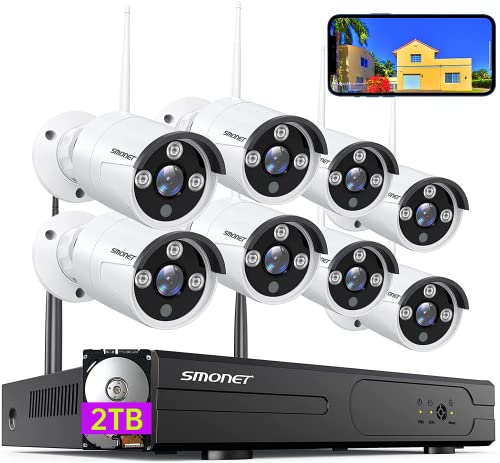 3MP Security Camera System Wireless with Audio, SMONET 8CH Home CCTV Surveillance DVR Kits,8Pcs 3MP Outdoor Indoor WiFi IP Cameras Waterproof Night Vision,2TB Hard Drive,Free App AI Human Detection