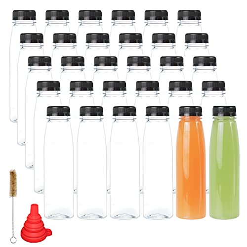 BPFY 30 Pack 10oz Empty Plastic Juice Bottles with Caps Reusable Clear Beverage Containers with Black Tamper Evident Lids, Funnel, Plastic Smoothie Bottles for Juice, Milk, Water, Coffee