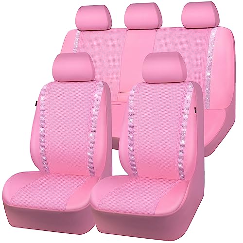 CAR PASS Bling Car Seat Covers Full Set, Shining Rhinestone Diamond Waterproof Faux Leather, Rear with Zipper, Universal Fit 95% Automotive Glitter Crystal Sparkle Strips for Cute Women Girl, Pink