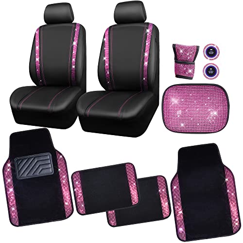 CAR PASS Bling Rhinestone Diamonds Car Seat Covers Leather&Shining Diamond Car Floor mats Carpet with Anti-Slip Nibs&Bling Car Accessories Sets(Pink Glitter Crystal Diamond Combo Set)