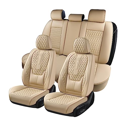 Coverado Car Seat Covers Full Set 5PCS, Waterproof Car Seat Protector Nappa Leather Front and Back Seat Cushion for Cars Automotive Vehicle Universal Fit for Most Sedans SUV Pick-up Truck(Beige)