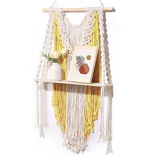 PABOBIT Macrame Wall Hanging Shelf, Boho Wooden Hanging Shelf with Hand Made Rope Hanger, Beige Macrame Shelves for Plants, Photo Frame, Book, Home Decor for Living Room, Bathroom, Bedroom