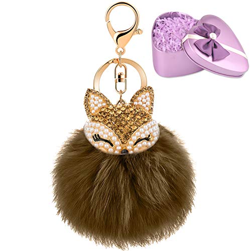 JOUDOO Fluffy Fur Ball Keychain With Gift Box Fox Head Pom Pom Keyring GJ020 (brown 2)