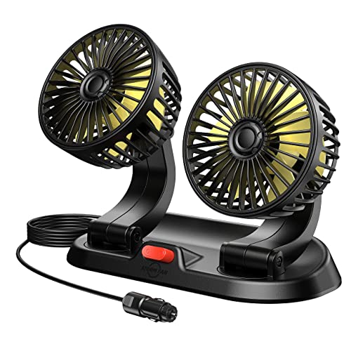 odbowuge 12V Car Fan,Car Fans that Blow Cold Air with 3 Speed,360 Degree Rotatable Dual Head Fan,Strong Wind Electric Auto Car Fans for Dashboard Suv Rv Tuck Boat Sedan,Fan for Car with no ac